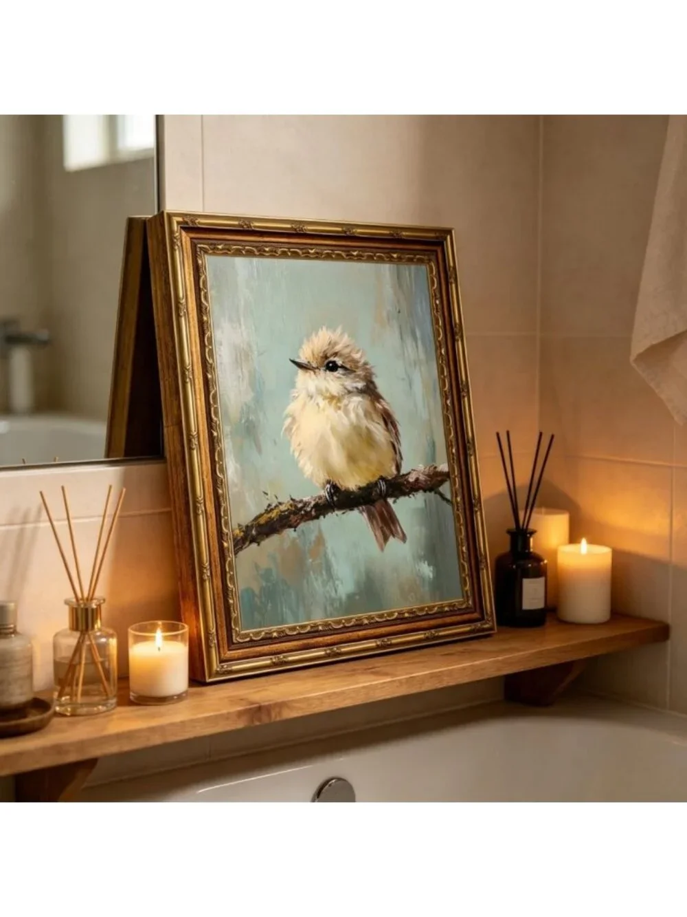 Vintage Gold Framed Bird Canvas Art - Beige Sparrow Wall Decor for Home